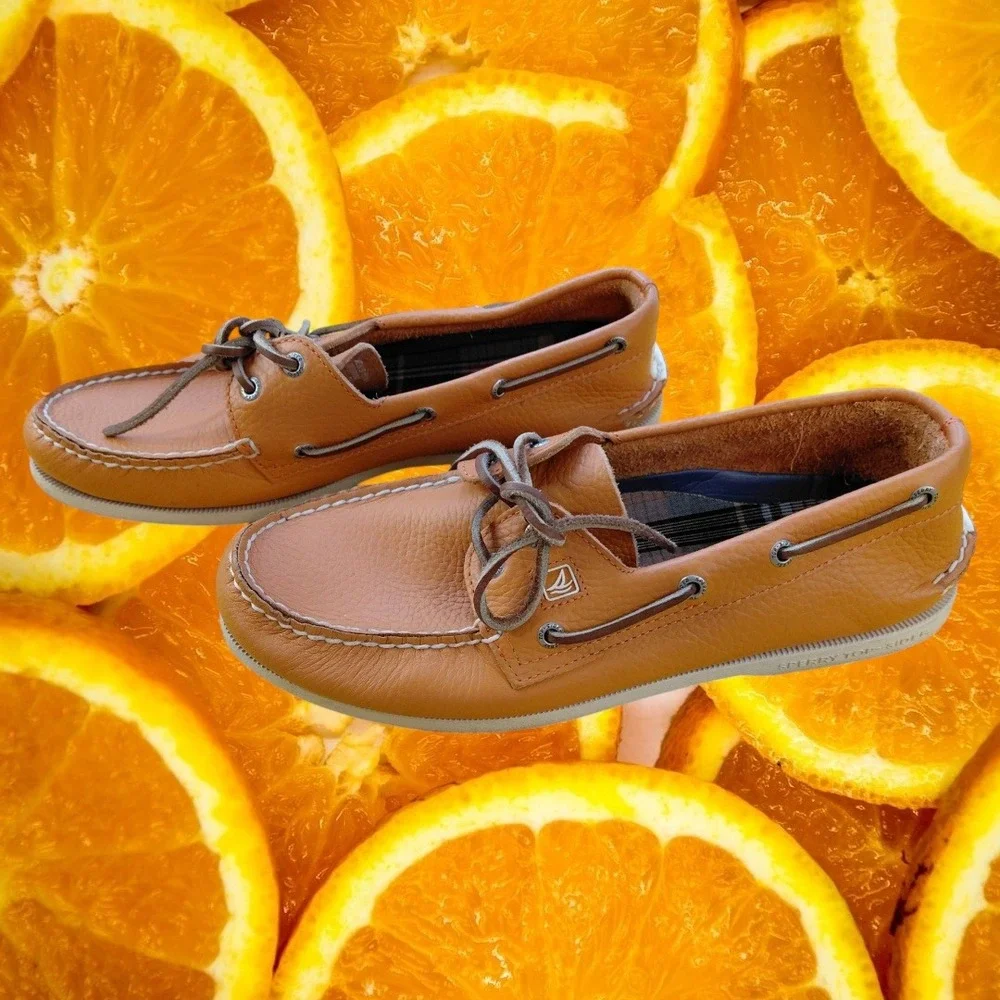 Sperry Top-Sider Mens 11M Orange Pebbled Leather Boat Shoes 0836924 Plaid Lining